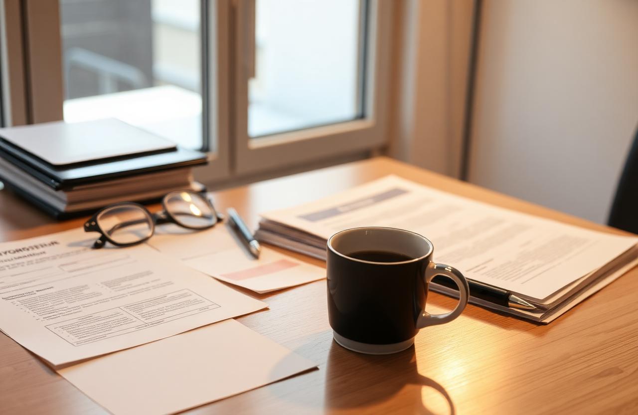 Bureau van een belastingadviseur met papierwerk en vulpen