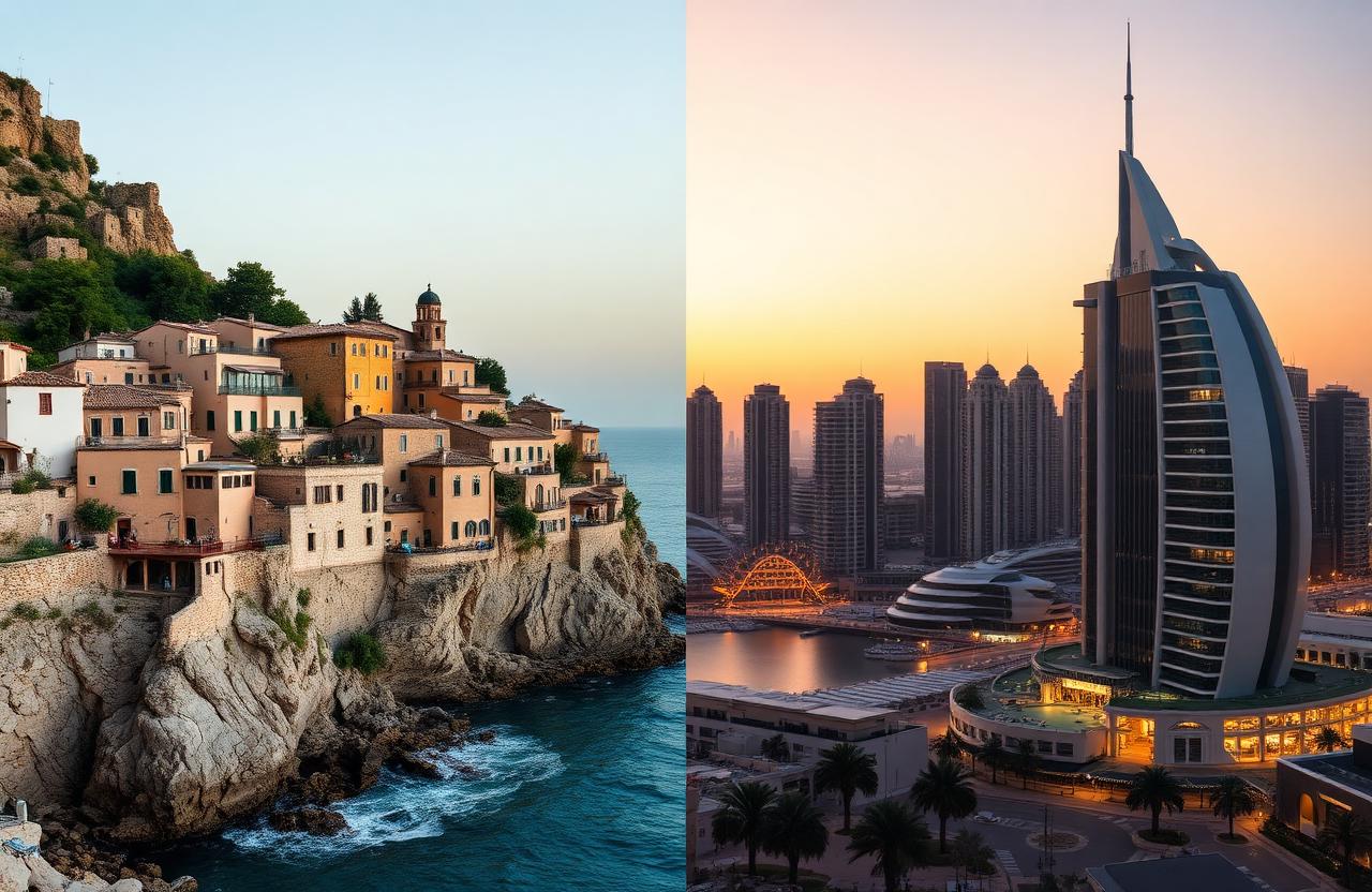 Mediterraans dorp aan zee links, Dubai skyline rechts in split composition