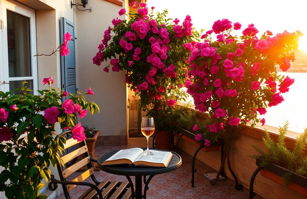 Mediterraans balkonterras met bougainville en uitzicht op zee bij zonsondergang