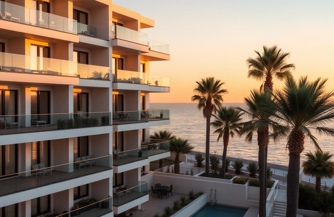 Modern appartementencomplex met zeezicht in Limassol bij zonsondergang