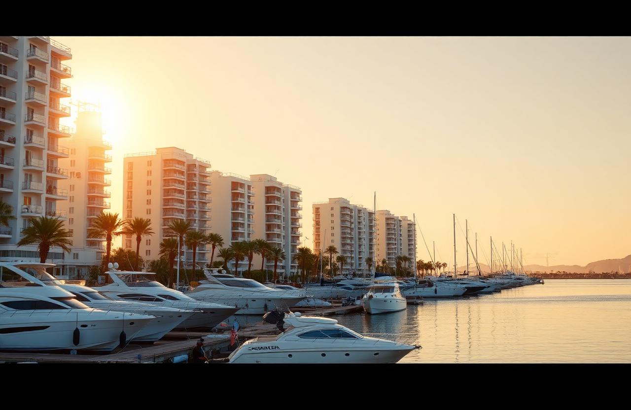 Limassol Marina met witte residentiële torens bij gouden uur