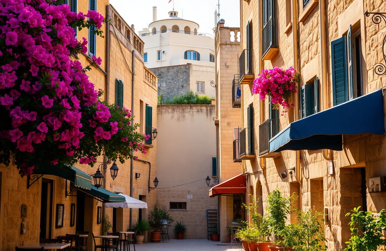 Oude stad Nicosia met bougainvillea en zandstenen gebouwen