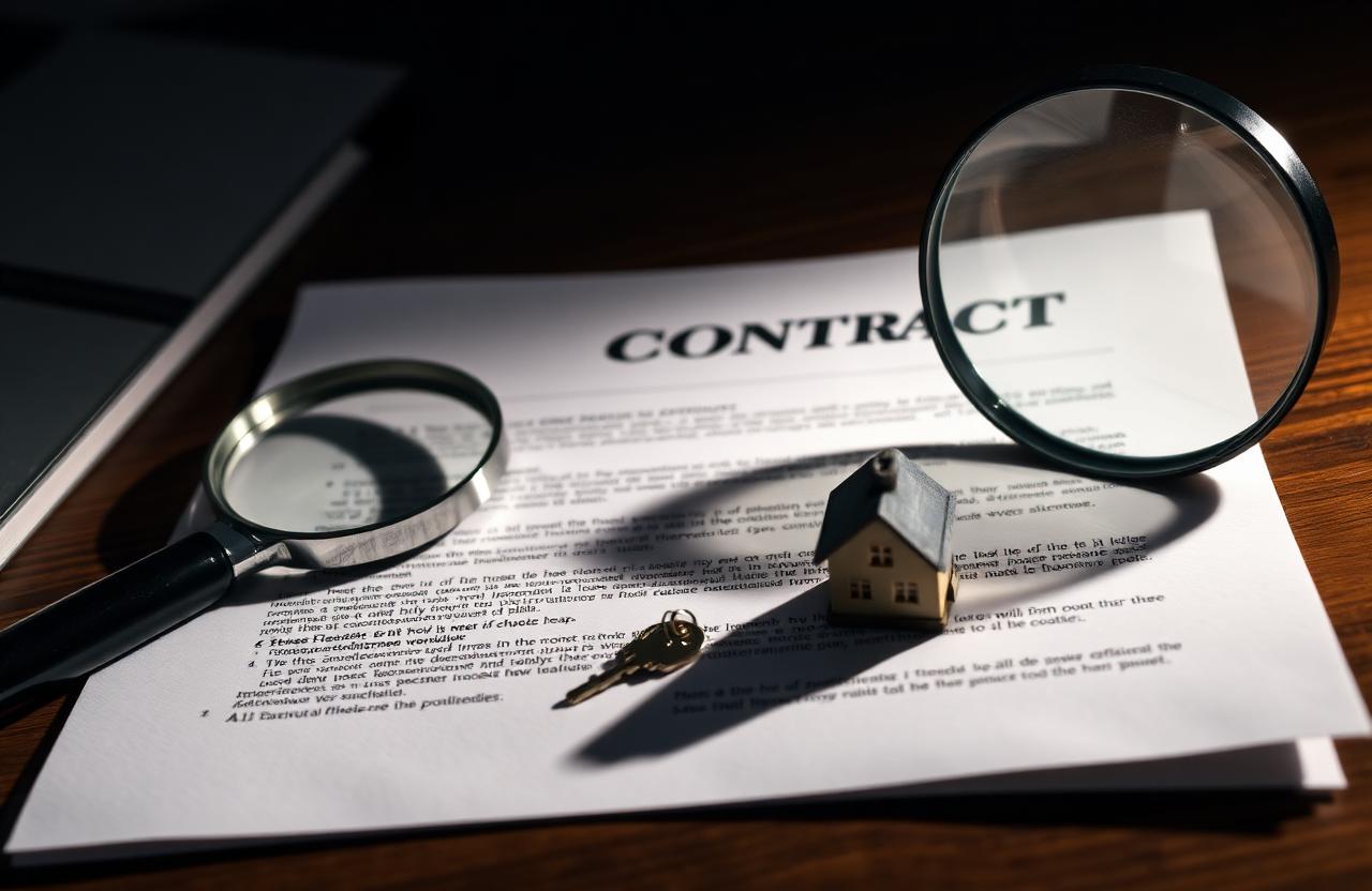 Vastgoedcontract, vergrootglas, pen en huissleutel op een walnoten bureau