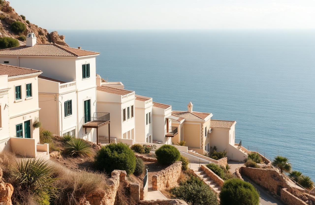 Rij mediterrane huizen op een heuvel met zeezicht